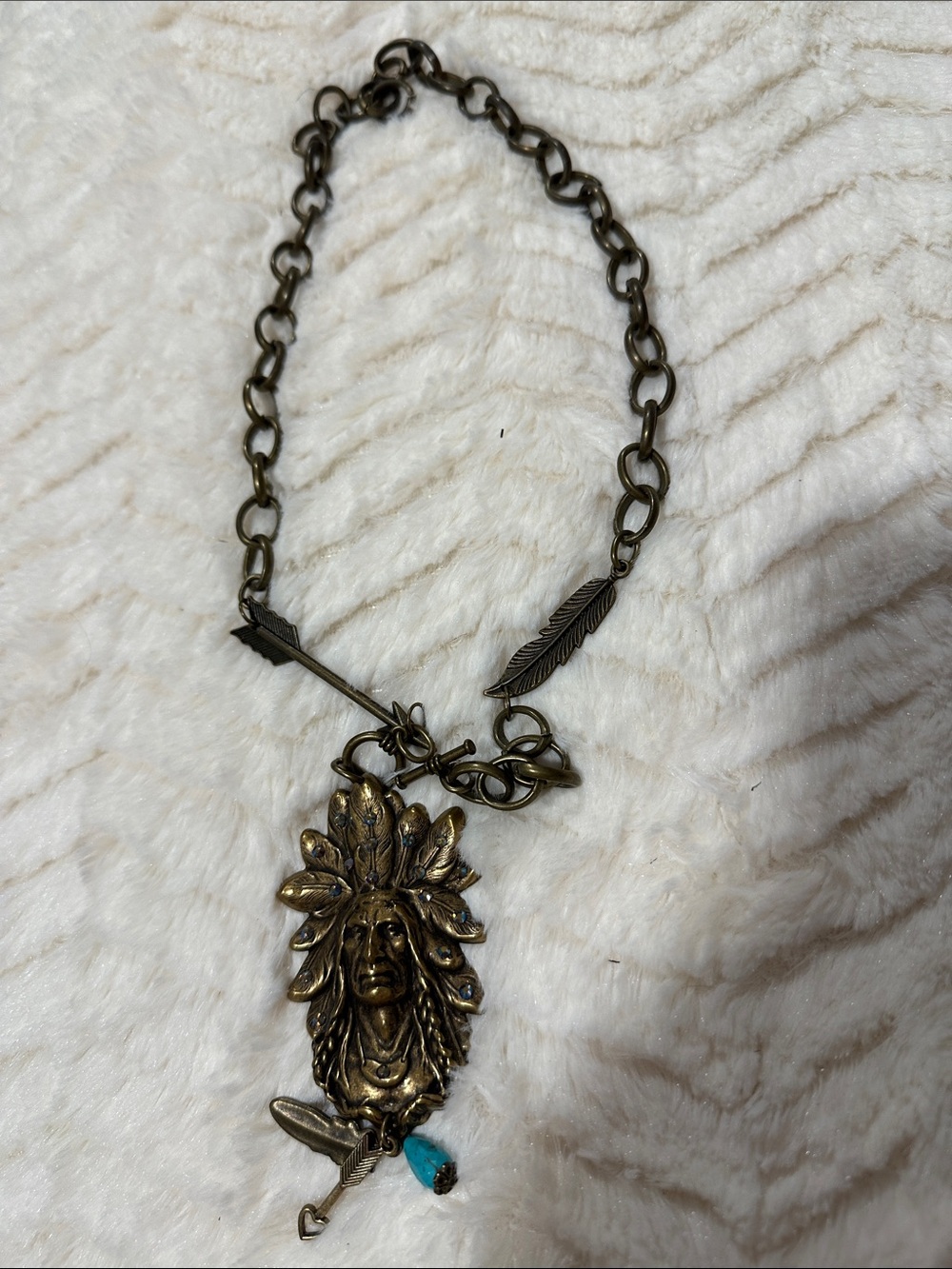 Bronze-Tone Native Headdress Pendant Necklace with Turquoise Accent